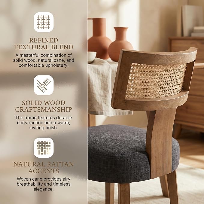 HNY Mid Century Modern Rattan Dining Chairs Set of 2, Farmhouse Linen Upholstered Accent Chair Curved Backrest Kitchen Chairs, with Hardwood Frame, Charcoal