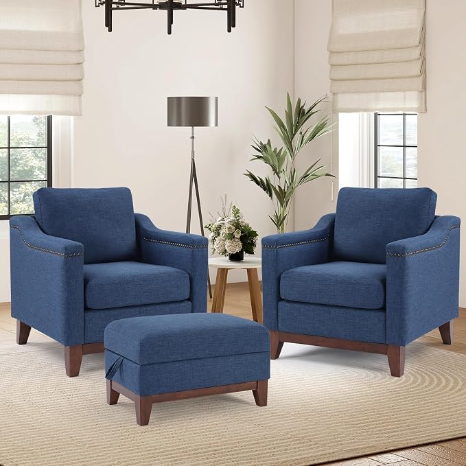 HAOMARKETS 2 Piece Fabric Sofa Set with Nailhead Trim, Included Accent Chair Set of 2 with Thicked Cushion and Upholstered Storage Ottoman with Flip-Top Table, Living Room Furniture Set,Blue
