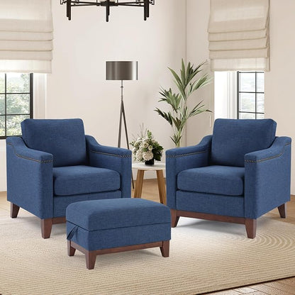 HAOMARKETS 2 Piece Fabric Sofa Set with Nailhead Trim, Included Accent Chair Set of 2 with Thicked Cushion and Upholstered Storage Ottoman with Flip-Top Table, Living Room Furniture Set,Blue