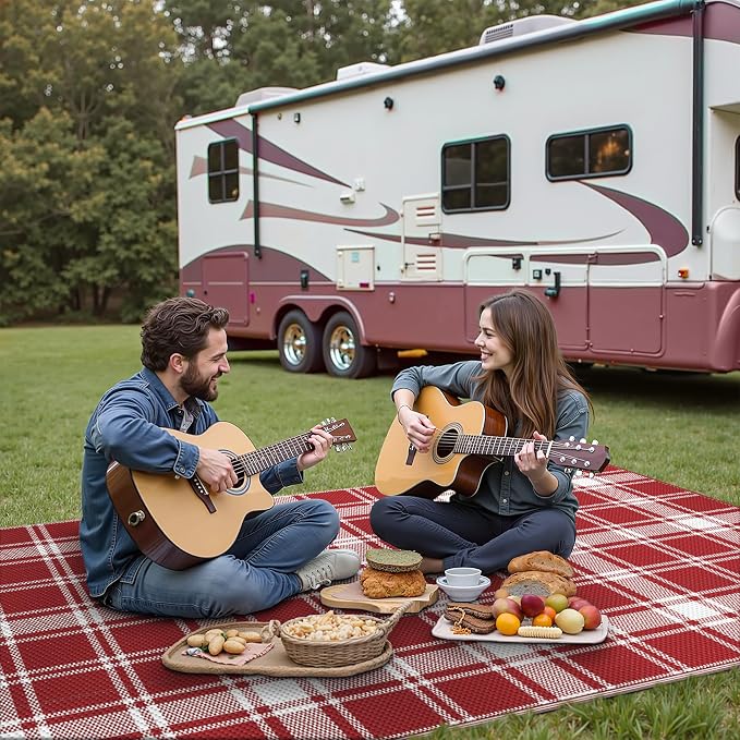 GENIMO Waterproof Outdoor Rug for Patio Clearance, 4'x6' Reversible Plastic Straw Rugs, Lightweight RV Camping Mat for Camper, Balcony, Deck, Backyard, Picnic, Red White Plaid