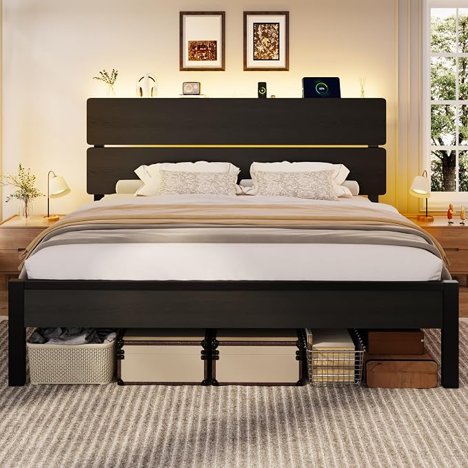 SHA CERLIN King Size Bed Frame with Led Light & Built-in Charging Station, Wooden Headboard with Storage Shelf, Metal Platform Bed, Under Bed Storage, No Box Spring Needed, Noise Free, Black