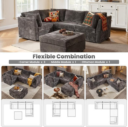 ovios Modular Sectional Sofa Couch with Sofa Bed L-Shape Chaise, Comfy Plush Corduroy Cloud Couches, Modern Luxury Deep Seat Sofas Set for Living Room, 5-Seater, Grey
