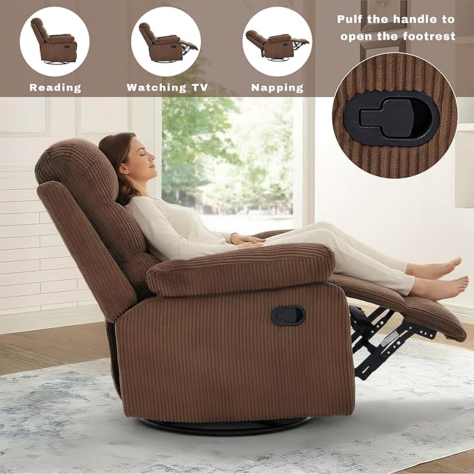 Rocking Recliner Chair,Modern Swivel Glider Recliner Chair,Corduroy Fabric Upholstery Recliner,Manual Reclining Sofa Chair for Living Room,Office,Apartment (Brown)