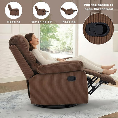 Rocking Recliner Chair,Modern Swivel Glider Recliner Chair,Corduroy Fabric Upholstery Recliner,Manual Reclining Sofa Chair for Living Room,Office,Apartment (Brown)