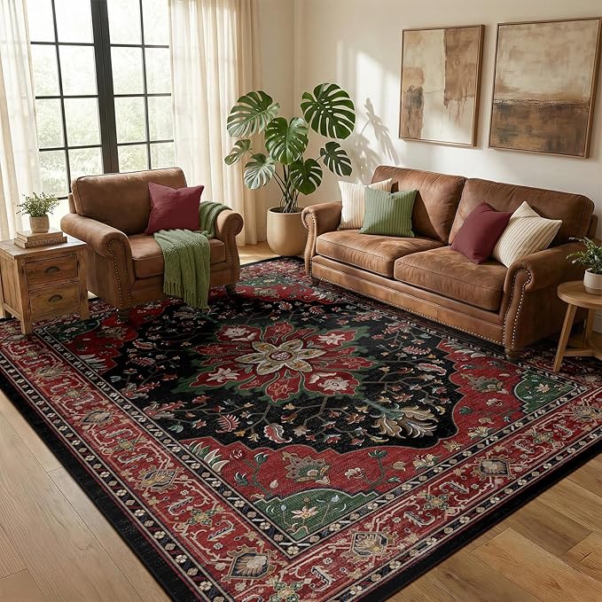 RELEANY Area Rugs 5'x8' Washable Non-Slip, Floral Vintage Distress Medallion Carpet for Living Room Bedroom Dining Room, Red Black