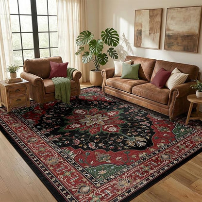 RELEANY Area Rugs 5'x8' Washable Non-Slip, Floral Vintage Distress Medallion Carpet for Living Room Bedroom Dining Room, Red Black