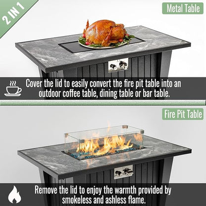 42" Propane Gas Fire Pit Table 50000 BTU Rectangular Outdoor Fire Pit with Marble Tile Tabletop Glass Wind Guard, Steel Patio Fire Table & Lid, Blue Glass Beads & Rain Cover for Backyard Garden, Gray