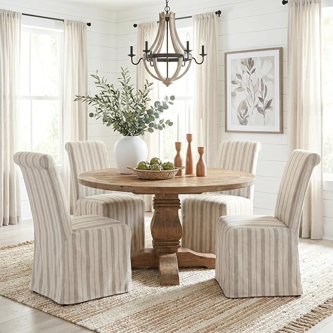 chairus Slipcovered Parsons Dining Chairs Set of 6, Upholstered Dining Room Chairs with Removable Linen Cover & High Back, Modern Farmhouse Wooden Side Kitchen Chairs, Khaki Stripe