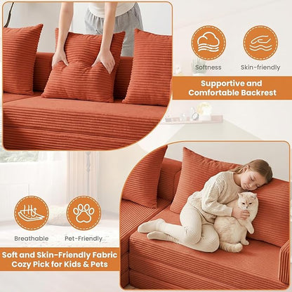 79" Modular Sectional Sofa, Boneless Convertible Sleeper Sofa Bed, Modern Tri-Folding Cloud Couch with L-Shape Chaise, Corduroy Futon for Living Room Small Spaces Apartment, No Assembly,Orange