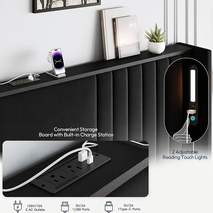 King Size Bed Frame with 55.1" Tall Headboard, Velvet Upholstered Platform Bed with Channel Tufted Wingback, 2 Reading Lights/Storage Shelf/Charging Station/Easy Assembly/Noise-Free, Black