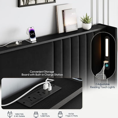 King Size Bed Frame with 55.1" Tall Headboard, Velvet Upholstered Platform Bed with Channel Tufted Wingback, 2 Reading Lights/Storage Shelf/Charging Station/Easy Assembly/Noise-Free, Black
