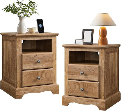 T4TREAM Farmhouse Dressers & Night Stand Set of 3, 54" Wide 7 Drawer Dresser & 18" Wide 2 Drawers Side Table Set of 2, Furniture Dresser Sets for Home, Light Knotty Oak