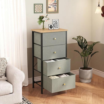 DUMOS Nightstand with 4 Drawers, Bedside Table with Removable Fabric Bins, Sturdy Steel Frame Wood Top Organizer Furniture for Bedroom Closet Living Room, Ink Green