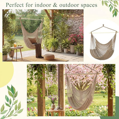 Barydat 2 Pcs Hanging Hammock Chair Boho Swing Chair Outdoor Indoor Comfy Soft Cotton Rope Weaving with 40 Inch Detachable Metal Bars for Backyard Living Room Garden, 270lb Capacity (Brown)