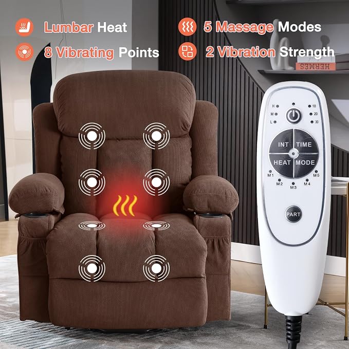 MAHOMICO Power Lift Recliner Chair for Elderly with Vibration Massage and Lumbar Heating, Electric Lift Recliner Single Sofa with Side Pocket, Two Cup Holders and USB Charge Port for Living Room