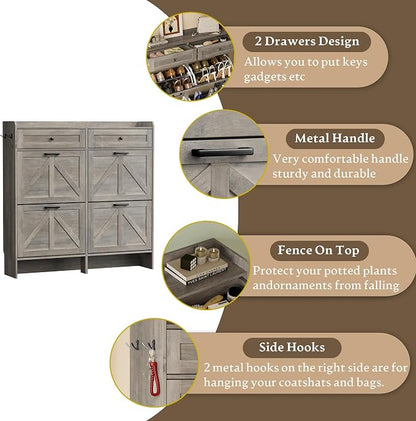BORNOON Shoe Storage Cabinet for Entryway, Farmhouse Wide Shoe Cabinet with 4 Flip Drawers and 2 Top Drawers, Freestanding Organizer with Adjustable Shelves, Hooks, and Anti-Tip Kit for Hallway