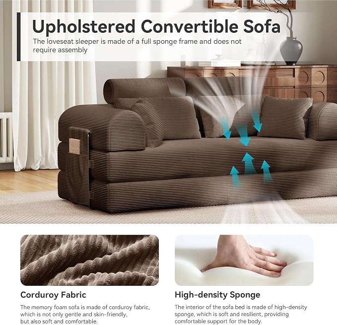 Upgrade High Backrest Design Sofa Bed with Fixed-Shape Frame & Removable Armrests and Backrest, Corduroy Fabric, Convertible Mattress Couch for Small Spaces - No Assembly Needed (Brown)