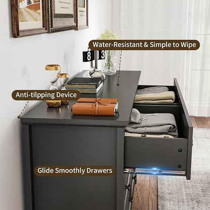 Farmhouse Dresser Nightstand Sets, 3-Piece Bedroom Furniture Set for Home | 6 Drawer Dresser Closet & 3 Drawer Nightstand Set of 2, Chest of Drawers for Bedroom, Living Room, Entryway, Black