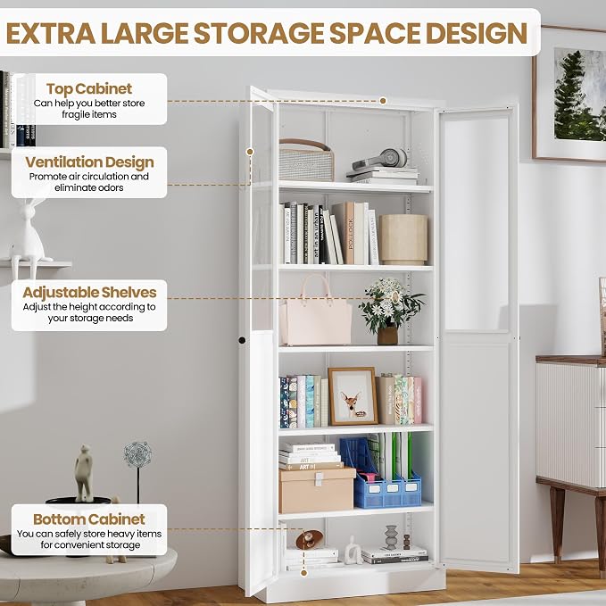 Kitchen Pantry Storage Cabinet, 72" H Storage Cabinet with Doors and Adjustable Shelves, Spacious Cupboard with 2 Handles, Metal Kitchen Cabinet for Dining Room, Living Room, White