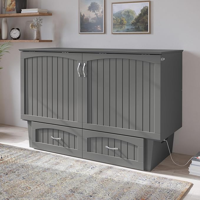 AFI, Nantucket Queen Murphy Bed Chest with Mattress, Storage Drawer and Built-In USB Charger, Grey