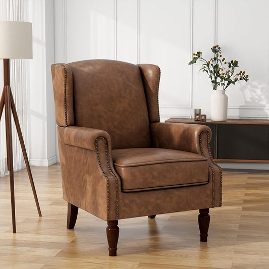 High Back Accent Chair, Faux Leather Wingback Chair Upholstered Armchair for Living Room, Retro Comfy Single Sofa Bedroom Reading Seat with Solid Wood Legs - Brown