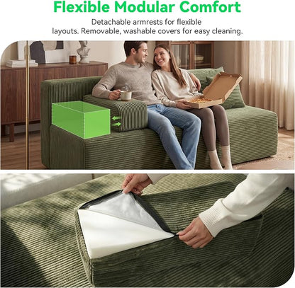 MONVANE 3-Piece Boneless Loveseat Couch Set for Living Room, Oversized Modular Sectional Sofa Set with Removable Armrests, Comfy Corduroy Cloud Couch with 12 Pillows, No Assembly Required, Green