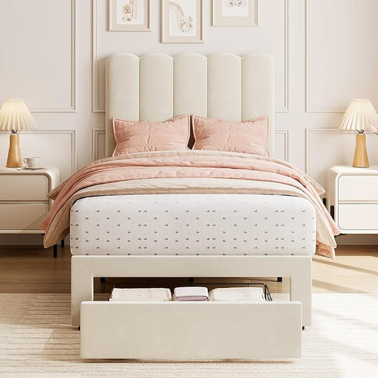 GarveeHome Twin Bed Frame with Under-Bed Drawer, Upholstered Platform Bed with Wave Headboard for Kids/Girls, Wooden Slats Support, No Box Spring Needed, Beige