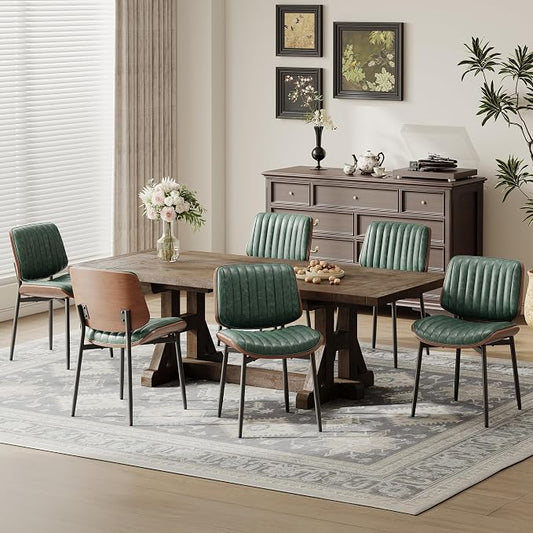 MALOL Leather Dining Chairs Set of 6, Modern Upholstered Dining Room Kitchen Chairs with Metal Legs and Wooden Back Support for Home Dining Room/Restaurant, Green