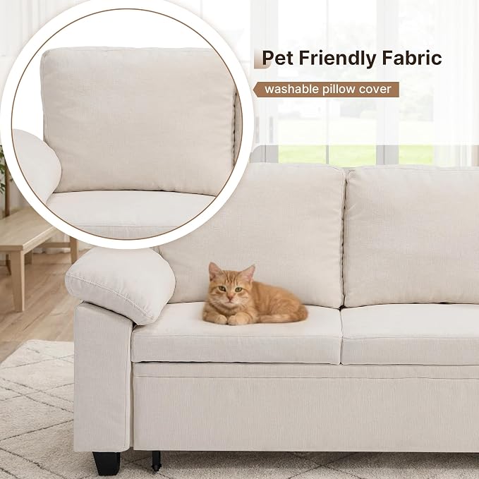 85" Modular Sectional Sofa Bed with Storage, L Shaped Pull Out Couch, Removable Chenille Sofa Cover for Living Room (Beige, 5 Seat)