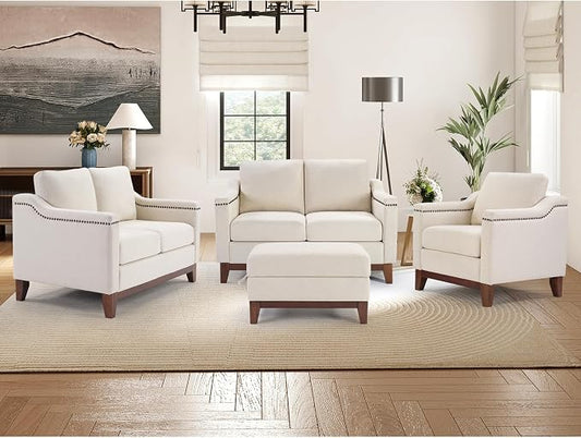 HAOMARKETS 4 Piece Fabric Sofa Set with Nailhead Trim, Included Comfy Accent Chair, Upholstered Loveseat 2-Seater Sofa Couches Set of 2 and Storage Ottoman with Flip-Top Table for Living Room,Beige