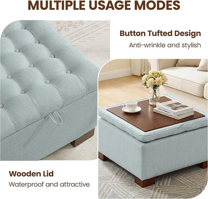 30 Inch Square Storage Ottoman Coffee Table, Modern Tufted Upholstered Ottoman with Flip Tray and Solid Wood Legs, Suitable for Living Rooms, Linen Blue