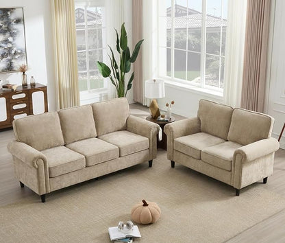 Kingfun Loveseat 2 & 3 Seater Couch with Chair, Mid Century Modern Chenille Sofa Set with Rolled Arms and Deep Seats, Fluffy Comfort for Living Room, Apartment, Easy Assembly, Khaki