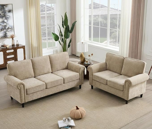Kingfun Loveseat 2 & 3 Seater Couch with Chair, Mid Century Modern Chenille Sofa Set with Rolled Arms and Deep Seats, Fluffy Comfort for Living Room, Apartment, Easy Assembly, Khaki