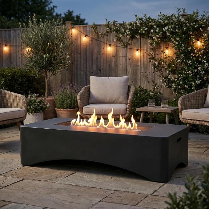 56" Propane Fire Pit Table, 50,000 BTU Rectangular Outdoor Gas Fire Pit, Concrete Patio Fire Table with Tank Seat, Lava Rocks & Waterproof Cover for Backyard Deck, Dark Grey