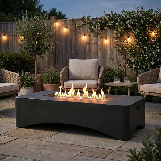 56" Propane Fire Pit Table, 50,000 BTU Rectangular Outdoor Gas Fire Pit, Concrete Patio Fire Table with Tank Seat, Lava Rocks & Waterproof Cover for Backyard Deck, Dark Grey