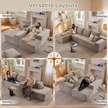 135" Cloud Sectional Couch with L-Shape Chaise, Modern Modular Comfy Sofa with Deep Seat, Upholstered Corduroy Couches Sleeper Chaise Longue for Living Room Bedroom, No Assembly Required, Camel