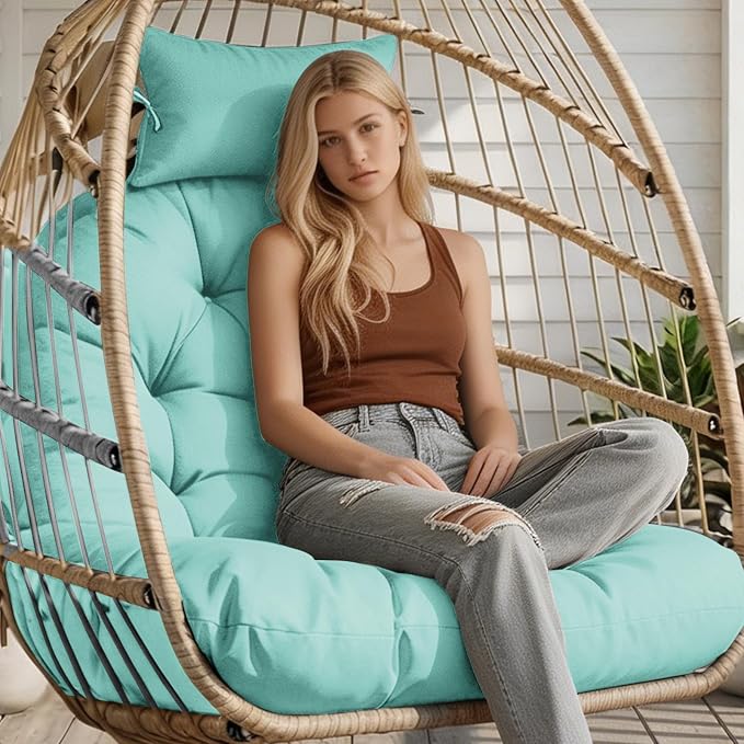 Outdoor Hanging Egg Chair Cushion Replacement, Thicken Egg Chair Cushion Waterproof Basket Eggs Chairs Cushion with Headrest Pillow, U-Shaped Cushions for Hanging Eggs Chairs Swing (Teal)