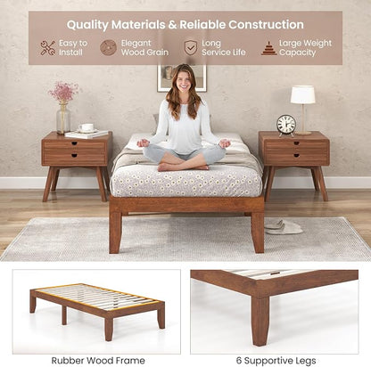 KOMFOTT 14 Inches Wood Platform Bed Frame Twin Size, Wooden Mattress Foundation with Rubber Wood Frame, Strong Wooden Slat Support, No Box Spring Needed, Bed Frame (Brown Cherry)