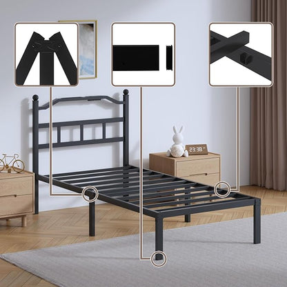 SHOANED Metal Bed Frame with Headboard - 14 Inch Twin XL Size Heavy Duty Bedframe with Charging Station Black Basic Steel Slats Platform No Box Spring Needed/Noise Free