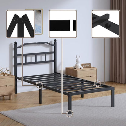 SHOANED Twin Size Bed Frame - 14 Inch Metal Heavy Duty Bedframe with Charging Station Black Basic Steel Slats Platform with Headboard No Box Spring Needed/Easy Assembly