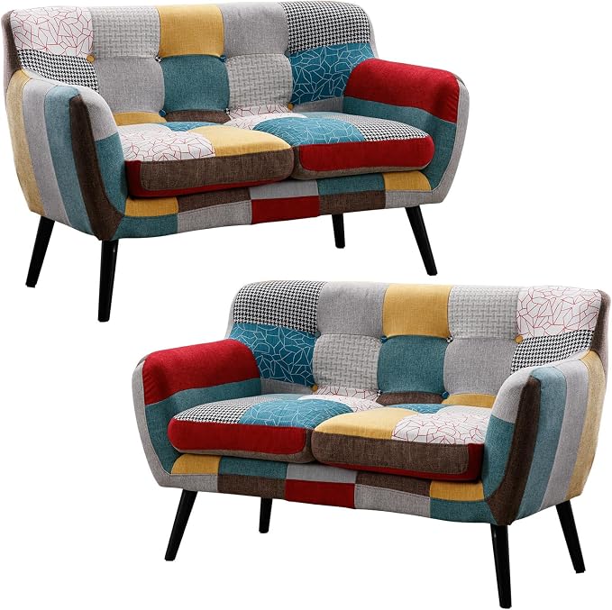 Bonzy Home Modern Boho Loveseat Couch Sofa Chair Set of 2 for Living Room Bedroom, Upholstered Colorful Plaid Fabric 2-Seat Love Seat Sofa with Wood Leg for Small Space