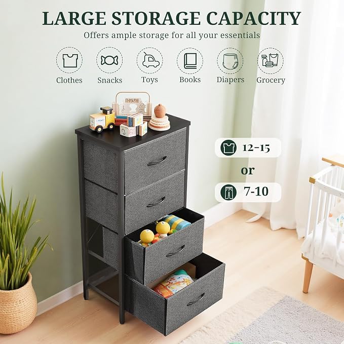 4 Drawers Dresser for Bedroom, Fabric Storage Tower Organizer with Wooden Top and Steel Frame, Tall Chest of Drawers for Closet, Entryway, Dorm, Gray