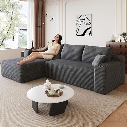 95" Modular Sectional Sofa, Modern Corduroy Cloud Couch with Side Pockets, Boneless Couch Upholstered 3-Seater L-Shaped Sofa for Living Room, No Assembly Required (Dark Gray,Left-Facing Chaise)