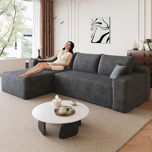 95" Modular Sectional Sofa, Modern Corduroy Cloud Couch with Side Pockets, Boneless Couch Upholstered 3-Seater L-Shaped Sofa for Living Room, No Assembly Required (Dark Gray,Left-Facing Chaise)