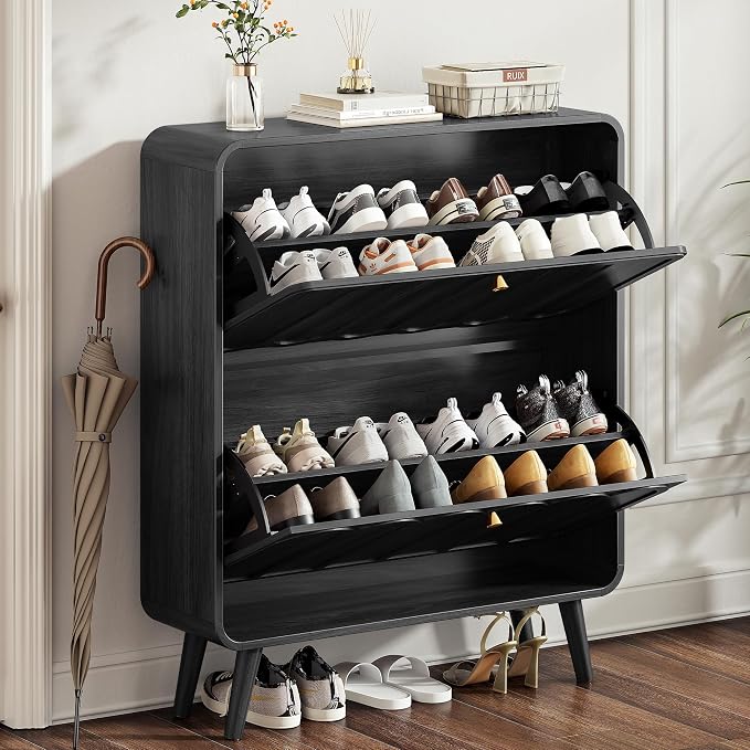 Decofy Shoe Cabinet with 2 flip-Down Drawers (Walnut)