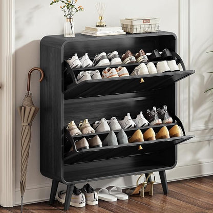 Decofy Shoe Cabinet with 2 flip-Down Drawers (Walnut)