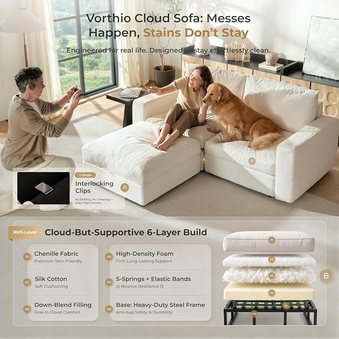 Cloud Couch Sectional 81.1'' Oversized Modular Deep Seat Sofa L Shaped Comfy White Cloud Couch with Washable Cover for Living Room Loveseat with Ottoman