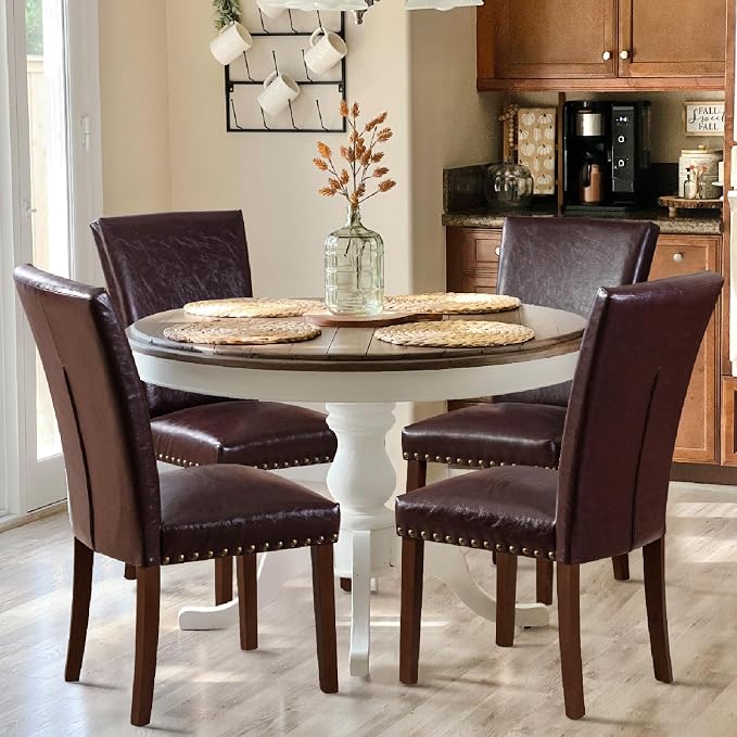 COLAMY Parsons Dining Chairs Set of 4, PU Leather Dining Room Kitchen Side Chair with Nailhead Trim and Wood Legs - Dark Brown