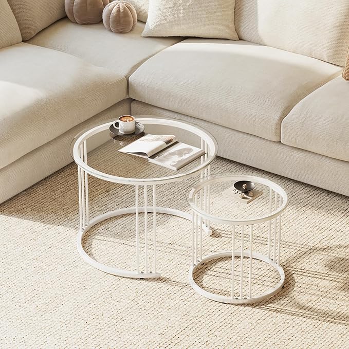 Garden 4 you Nesting Coffee Table, 23.6" Round Coffee Table Set of 2, Glass Nesting Table with Metal Frame, Ceter Tables for Living Room Bedroom Balcony, White