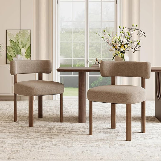 Wooden Dining Chairs Set of 2, Upholstered Kitchen Chairs with Solid Wood Legs, Mid Century Dining Room Chair with Ergonomic Curved Backrest for Kitchen Dining Vanity, Camel